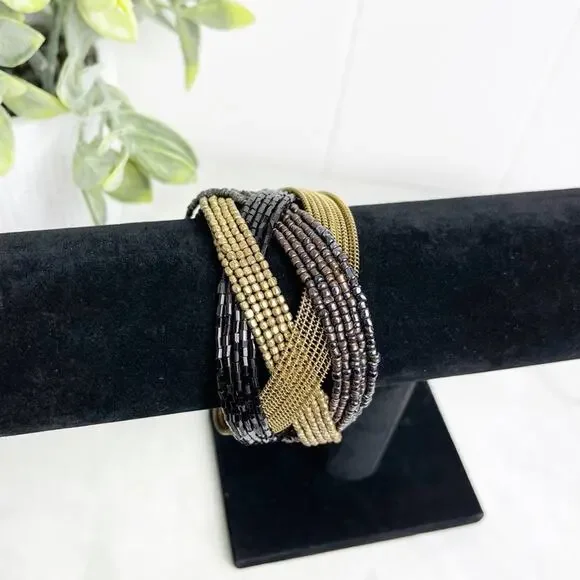 Metallic Tones Criss Cross Beaded Cuff Bracelet - Picture 1 of 6